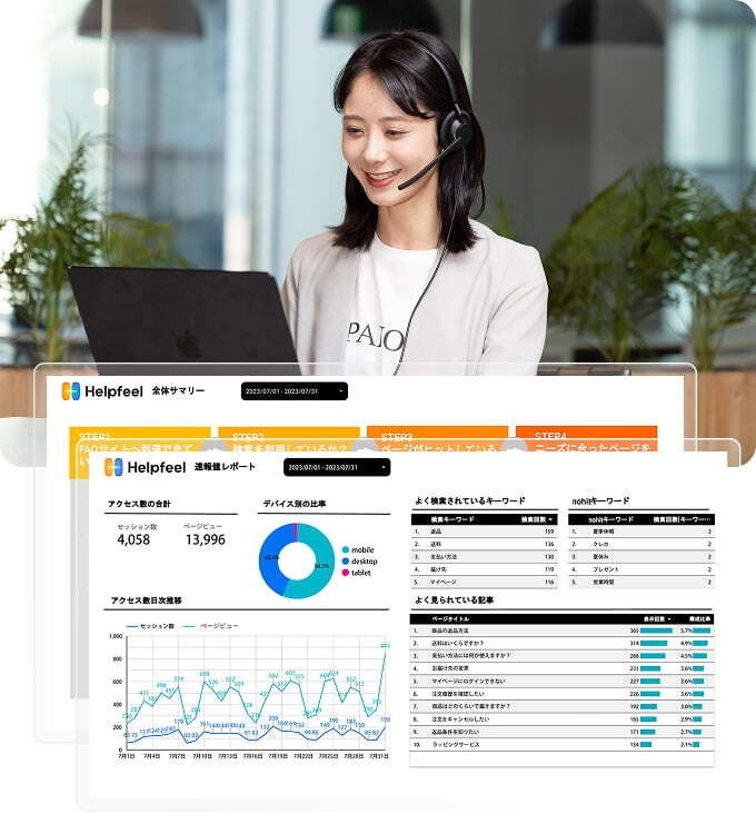分析画面と、PCを見ている女性のイメージ