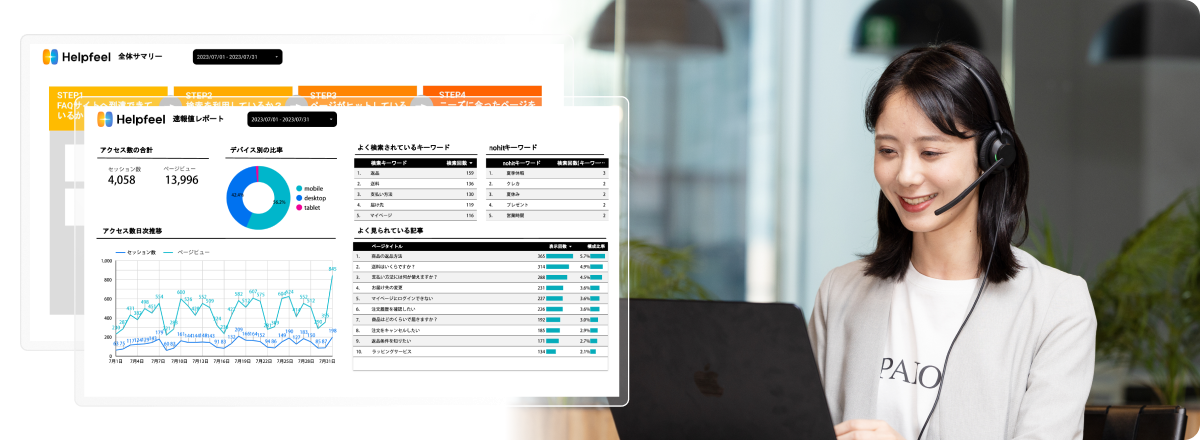 分析画面と、PCを見ている女性のイメージ