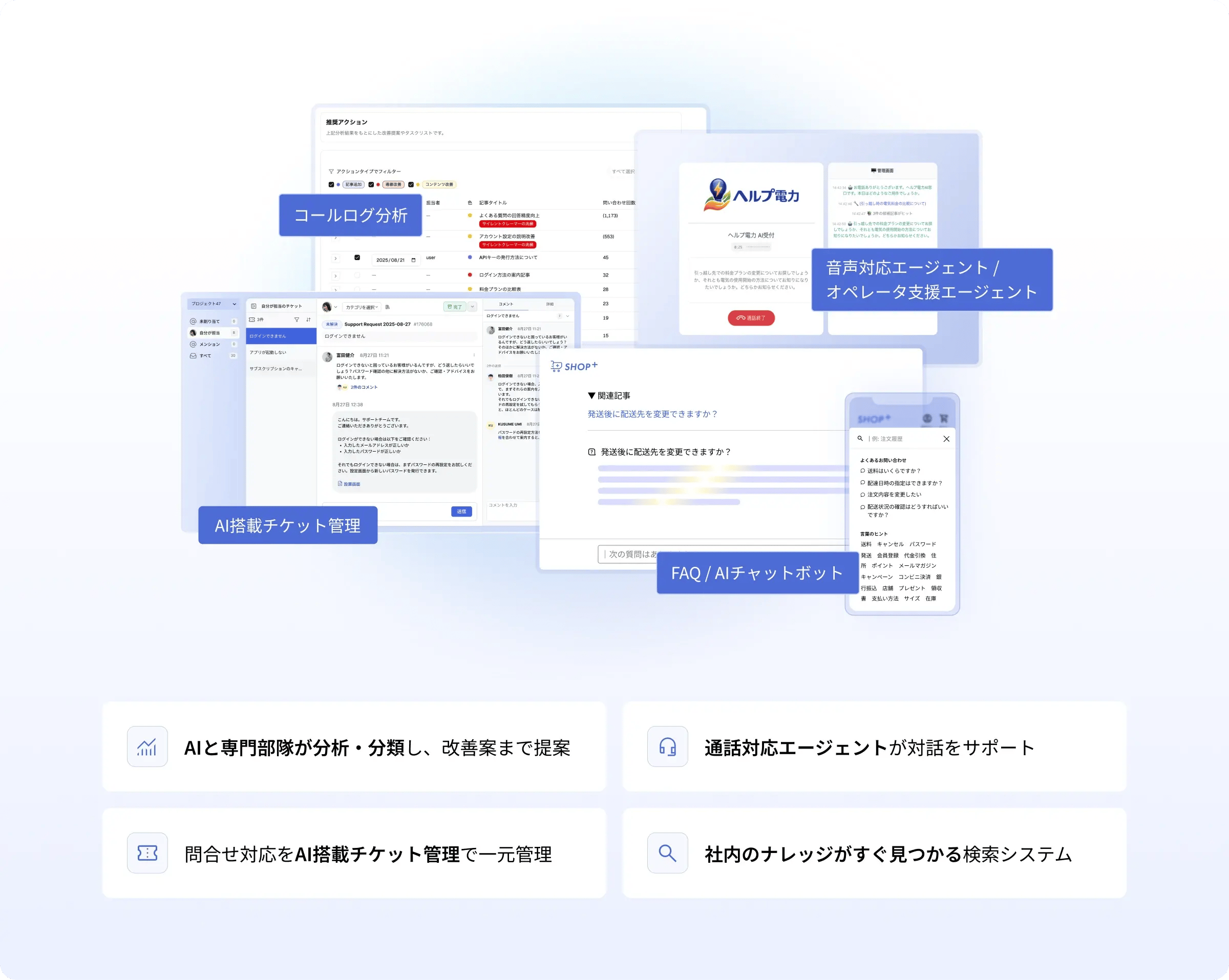 AIによる分析・チケット管理・FAQ・音声対応エージェントなど、Helpfeelのカスタマーサポート向けソリューションを紹介するイメージ
