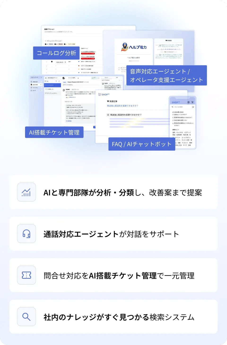 AIによる分析・チケット管理・FAQ・音声対応エージェントなど、Helpfeelのカスタマーサポート向けソリューションを紹介するイメージ