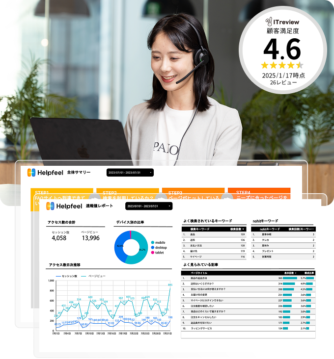 分析画面と、PCを見ている女性のイメージ