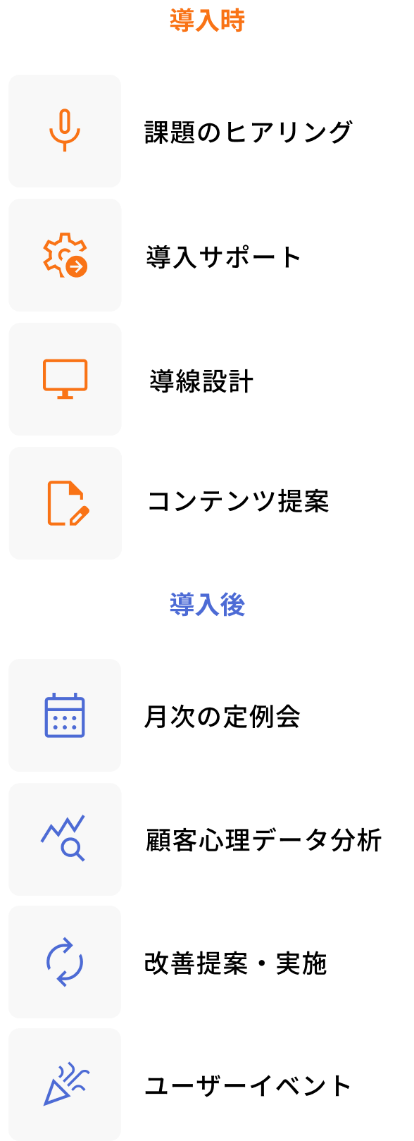 導入時は「課題のヒアリング」「導入サポート」「導線設計」「コンテンツ管理」、導入後は「月次の定例会」「顧客心理データ分析」「改善提案・実施」「ユーザーイベント」といったサポートを行うことができます。