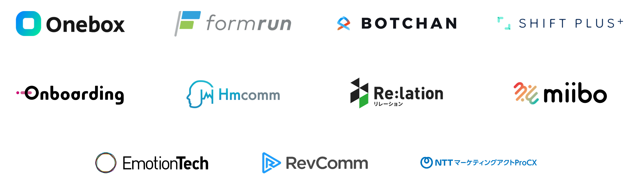 Onebox、formrun、BOTCHAN、SHIFT PLUS+、Onboarding、Hmcomm、Re:lation、miibo、EmotionTech、RevComm、NTT マーケティングアクトProCXなど、計11社のロゴ。