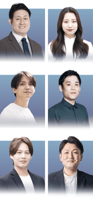 上段から下段まで3組の男女がペアで写っており、それぞれビジネスやカジュアルな服装をしています。