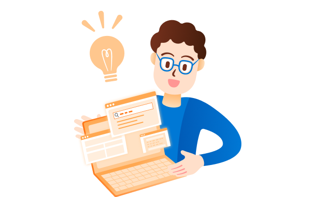 男性がPCでFAQ画面を見ながら嬉しい表情をしている 男性がPCでFAQ画面を見ながら嬉しい表情をしている