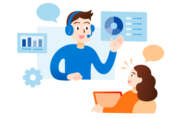 男性が女性に向かってオンラインでグラフの説明や提案を行なっている様子 男性が女性に向かってオンラインでグラフの説明や提案を行なっている様子