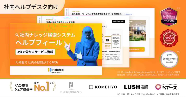 社内向けAI検索システムHelpfeelの紹介バナー。青いゴリラがサービス資料を案内。