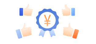 円マークのバッジを囲むように複数の手がサムズアップしている、安心の料金形態のイメージイラスト