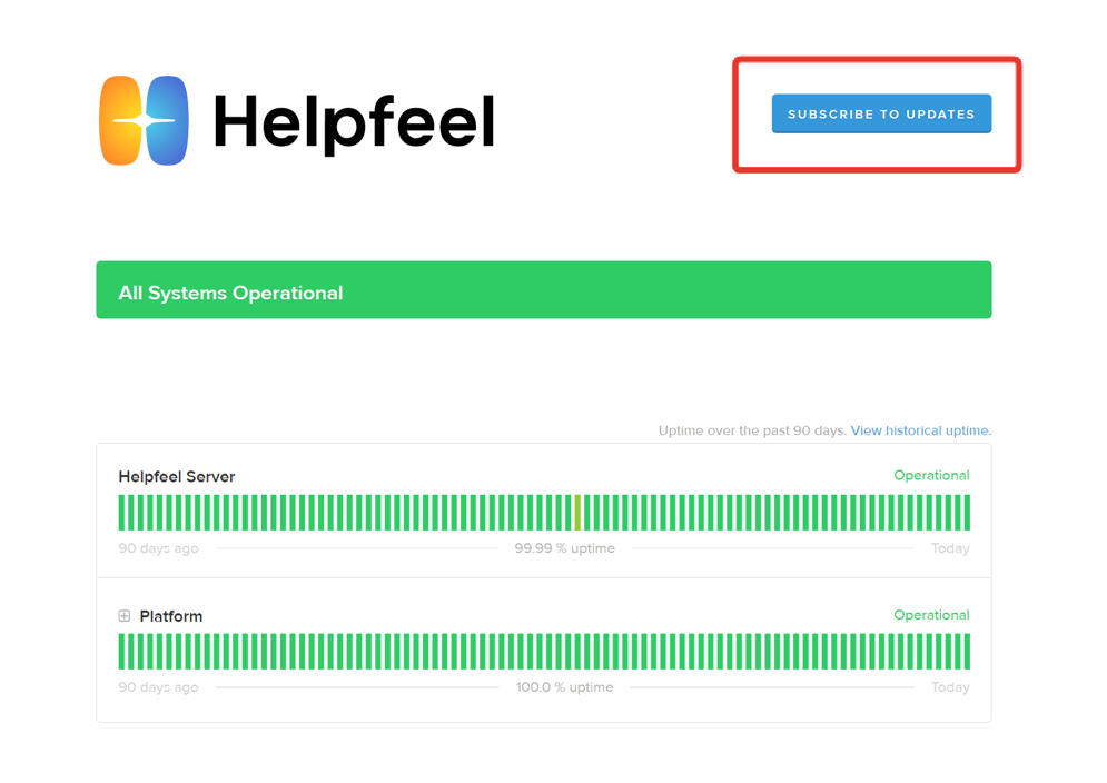 ステータス状況を示す画面のキャプチャ　右上の「SUBCRIBE TO UPDATES」が赤い四角で囲われている