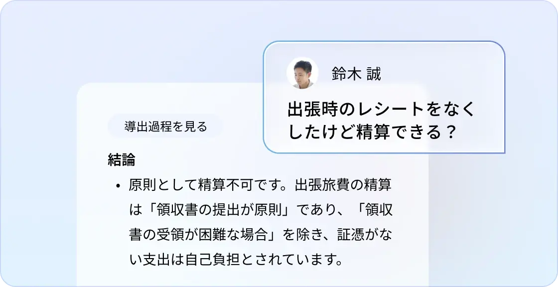 「出張時のレシートをなくしたけど精算できる?」という質問に対し、「原則として精算不可(領収書の提出が原則のため)」と回答しているチャットUI風の画面スクリーンショット。 「出張時のレシートをなくしたけど精算できる?」という質問に対し、「原則として精算不可(領収書の提出が原則のため)」と回答しているチャットUI風の画面スクリーンショット。