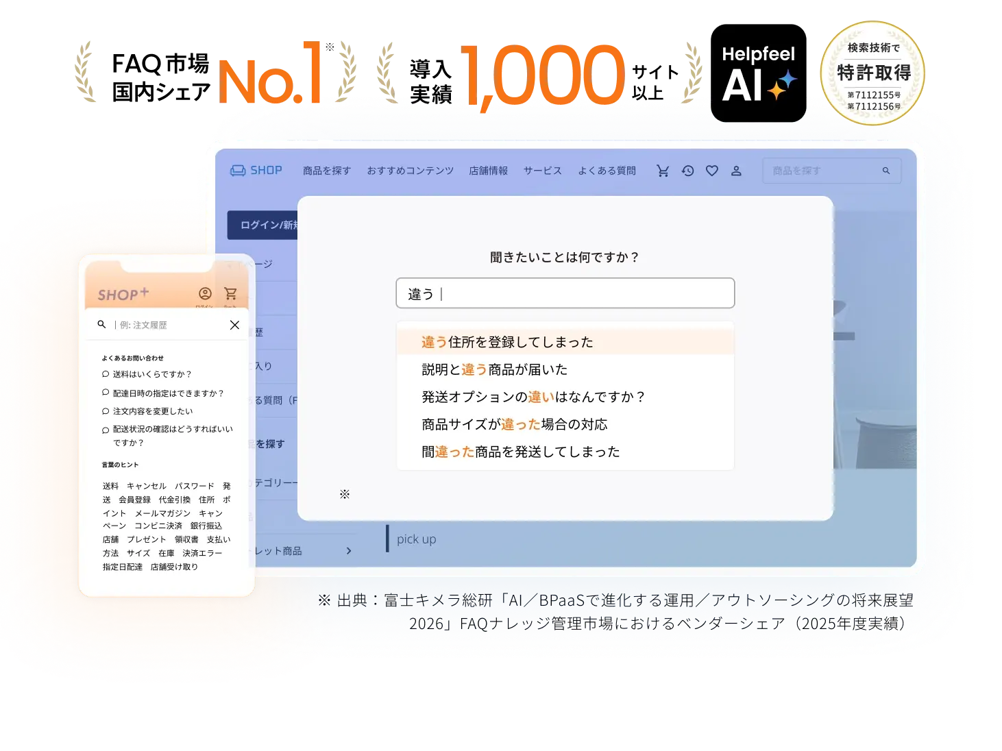 株式会社HelpfeelのAI検索技術を紹介するビジュアル。スマートフォンとPCの画面には『違う』と入力した検索例が表示されており、よくある質問への回答候補がサジェストされている。『No.1実績』『1000社以上導入』『特許取得済み』などの実績も強調されている。