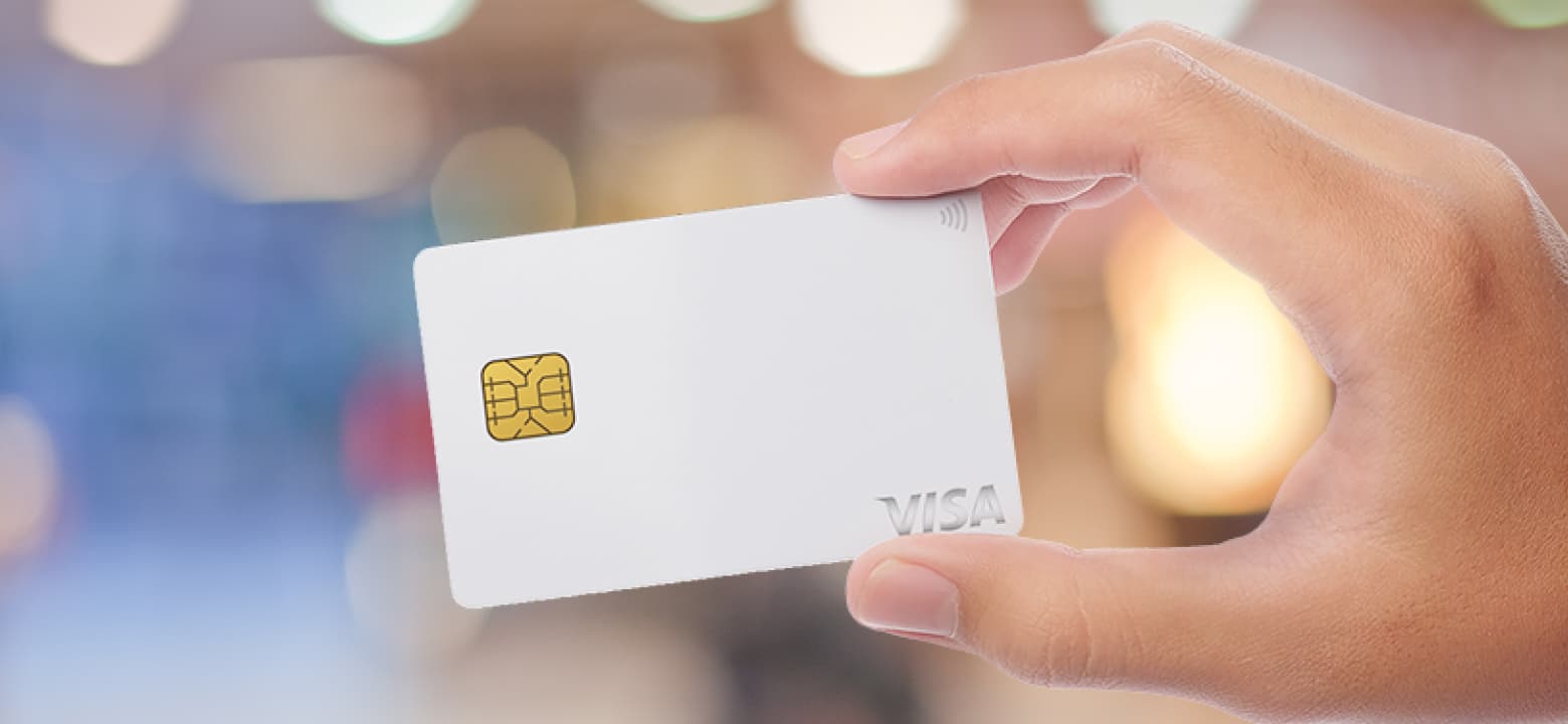 手に持たれた白色のライフカード社発行のVISAチップ付きクレジットカード