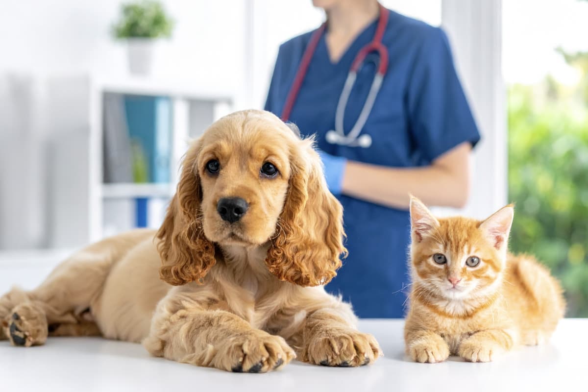 犬と猫が動物病院で診察を受ける様子。ペット＆ファミリー損害保険株式会社のHelpfeel導入事例インタビュー掲載用イメージ写真