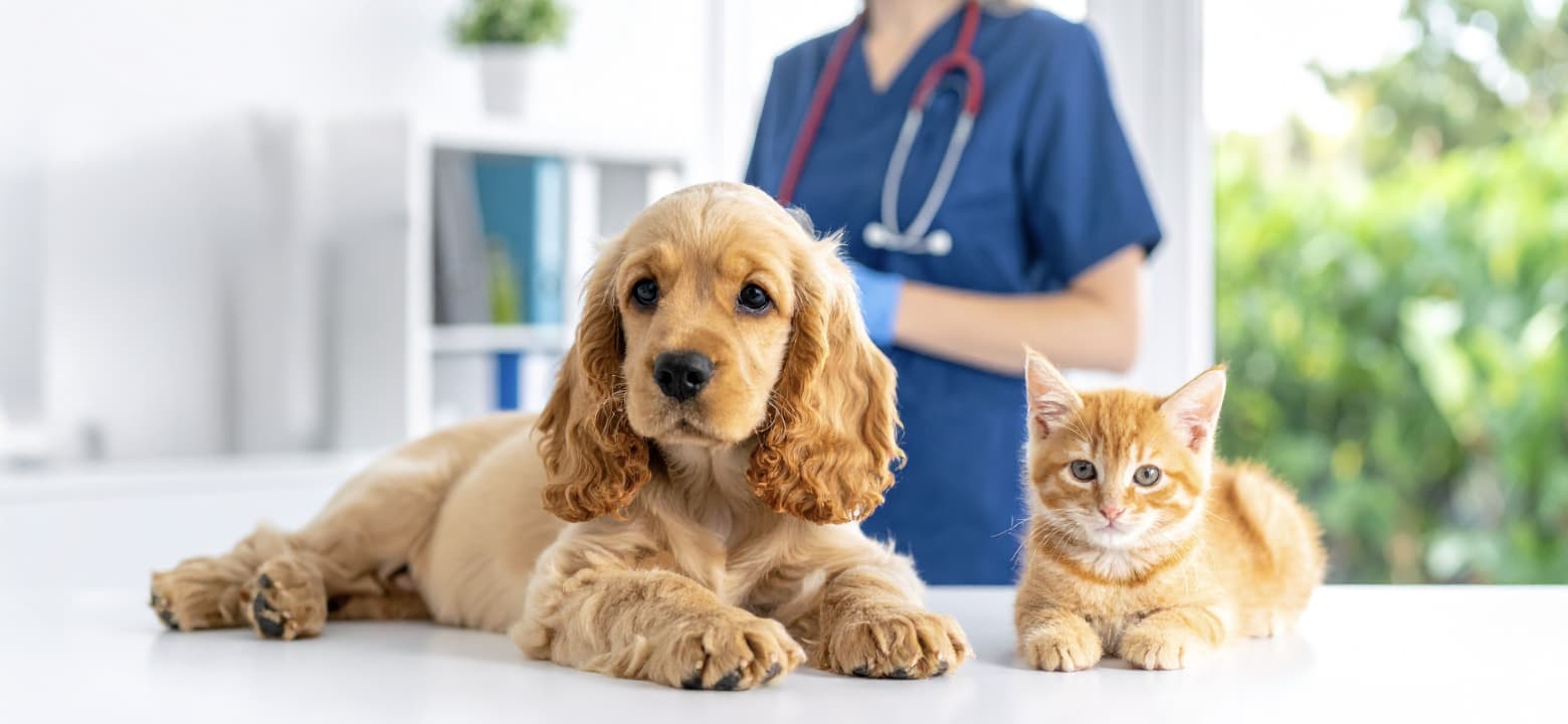 動物病院の診察台の上で並ぶ子犬と子猫。ペット＆ファミリー損害保険株式会社のHelpfeel導入事例インタビュー用イメージ写真