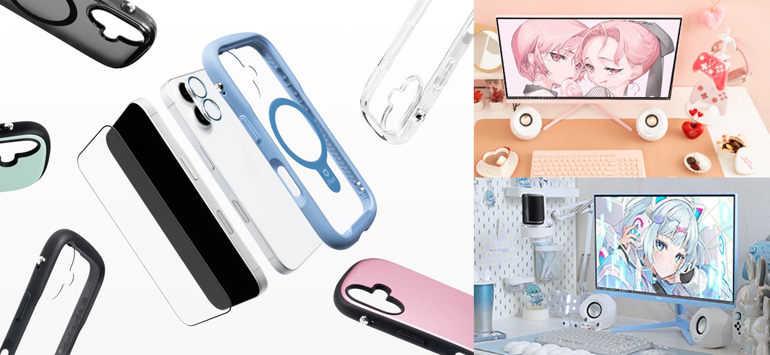 iFaceのスマホケースとPixioのゲーミングモニターの写真