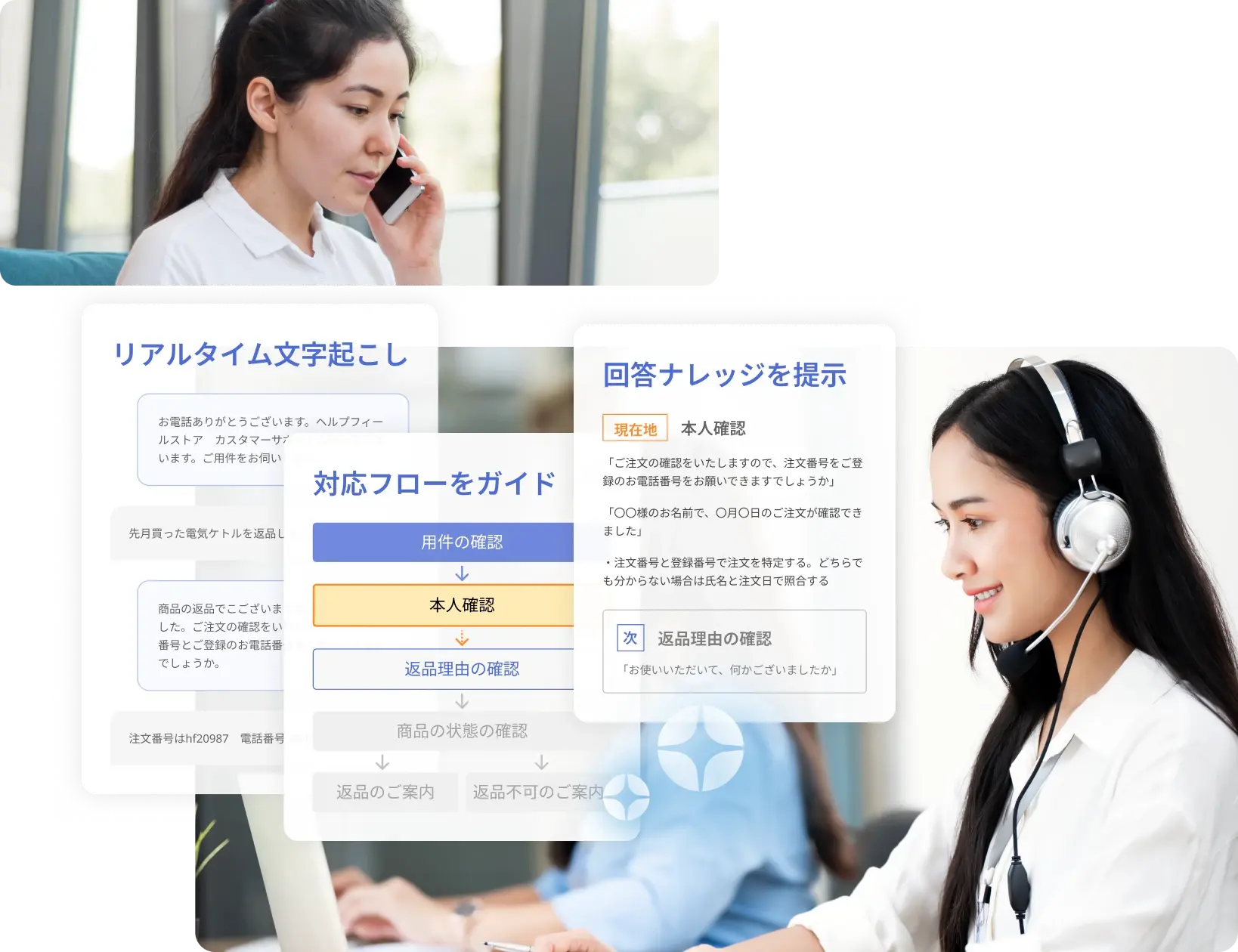 Helpfeel Call Assistが通話内容をリアルタイムで文字起こしし、対応フローをガイドしながら、状況に応じた回答ナレッジを提示してオペレーターの応対を支援するイメージ