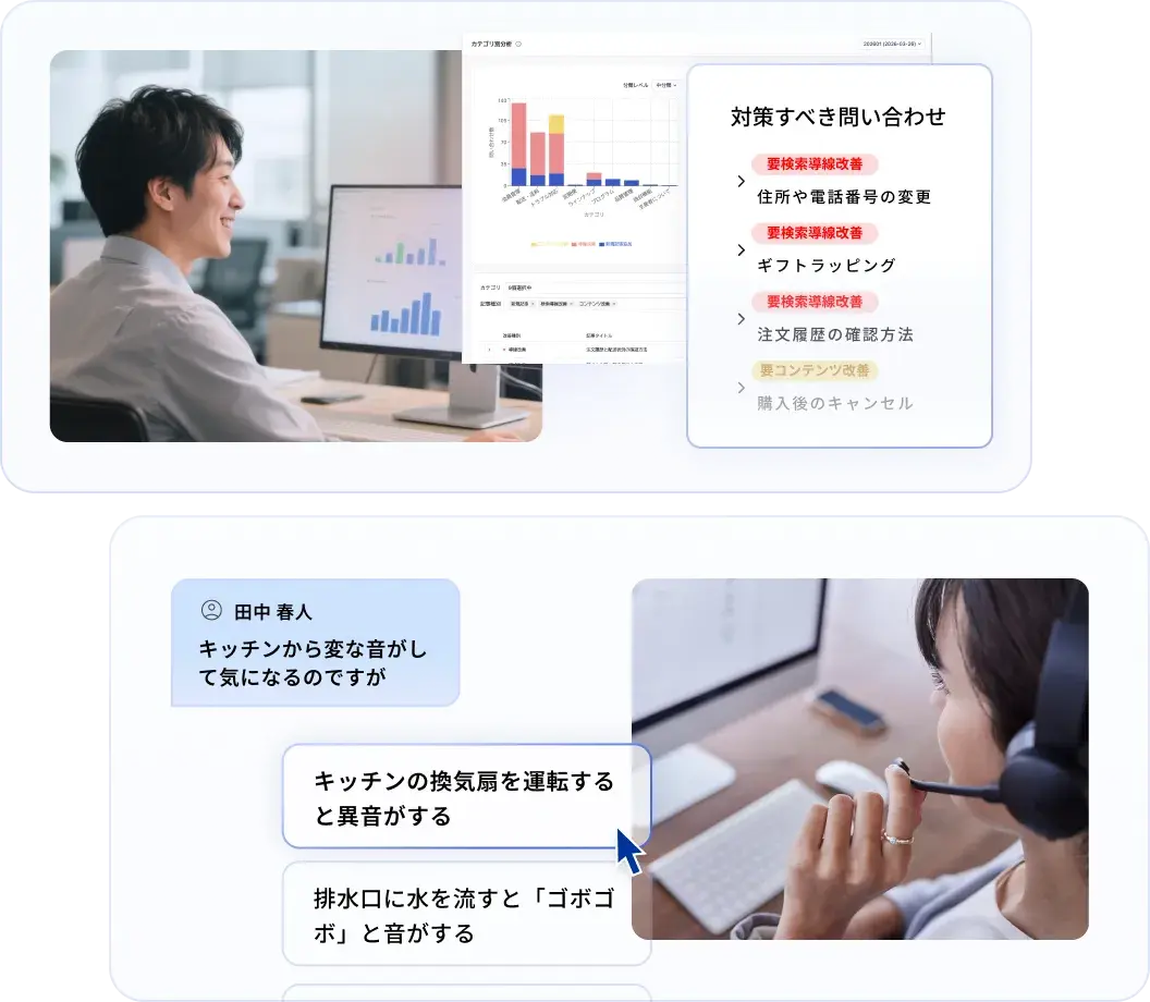 コールセンターの業務風景と、問い合わせデータの分析・可視化画面のイメージ