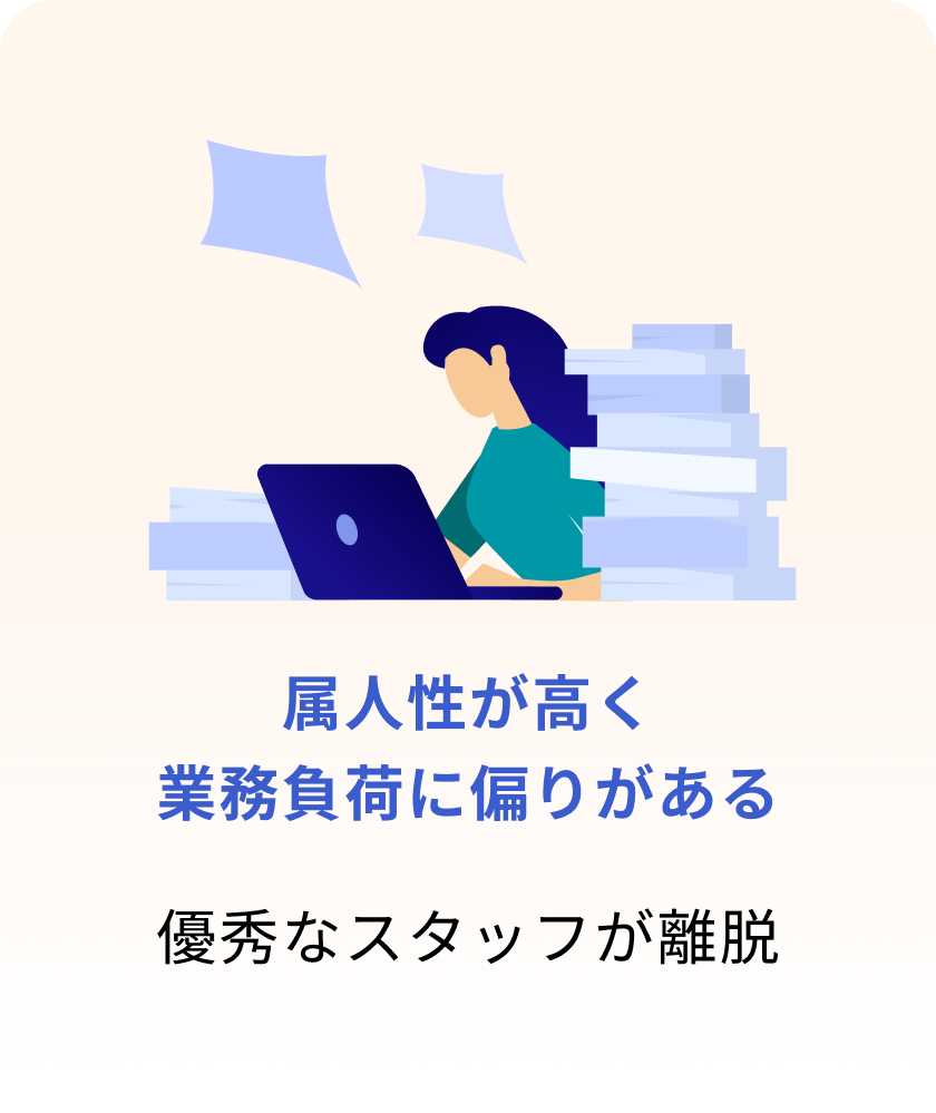 属人性が高く業務負荷に偏りがある
優秀なスタッフが離脱 属人性が高く業務負荷に偏りがある
優秀なスタッフが離脱