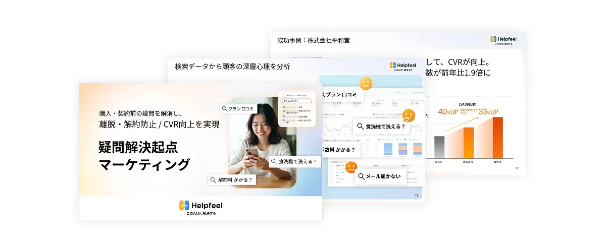 資料イメージ写真。疑問解決起点マーケティングと書かれた表紙が表示されている。