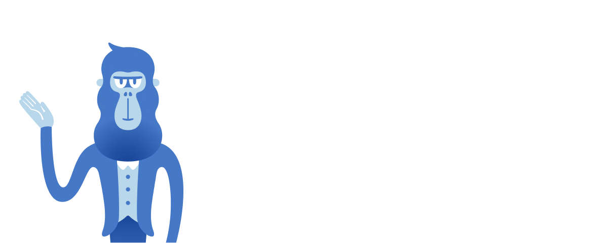 スーツを着た青いゴリラのキャラクターが手を挙げ、「マーケティング課題に合わせてカスタマイズしてご提案」と書かれたメッセージを伝えている