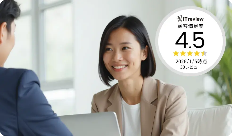 ビジネスシーンで笑顔の女性が顧客と対話している様子。右側に『ITreview 顧客満足度 4.5（2026年1月5日時点、30レビュー）』と表示。